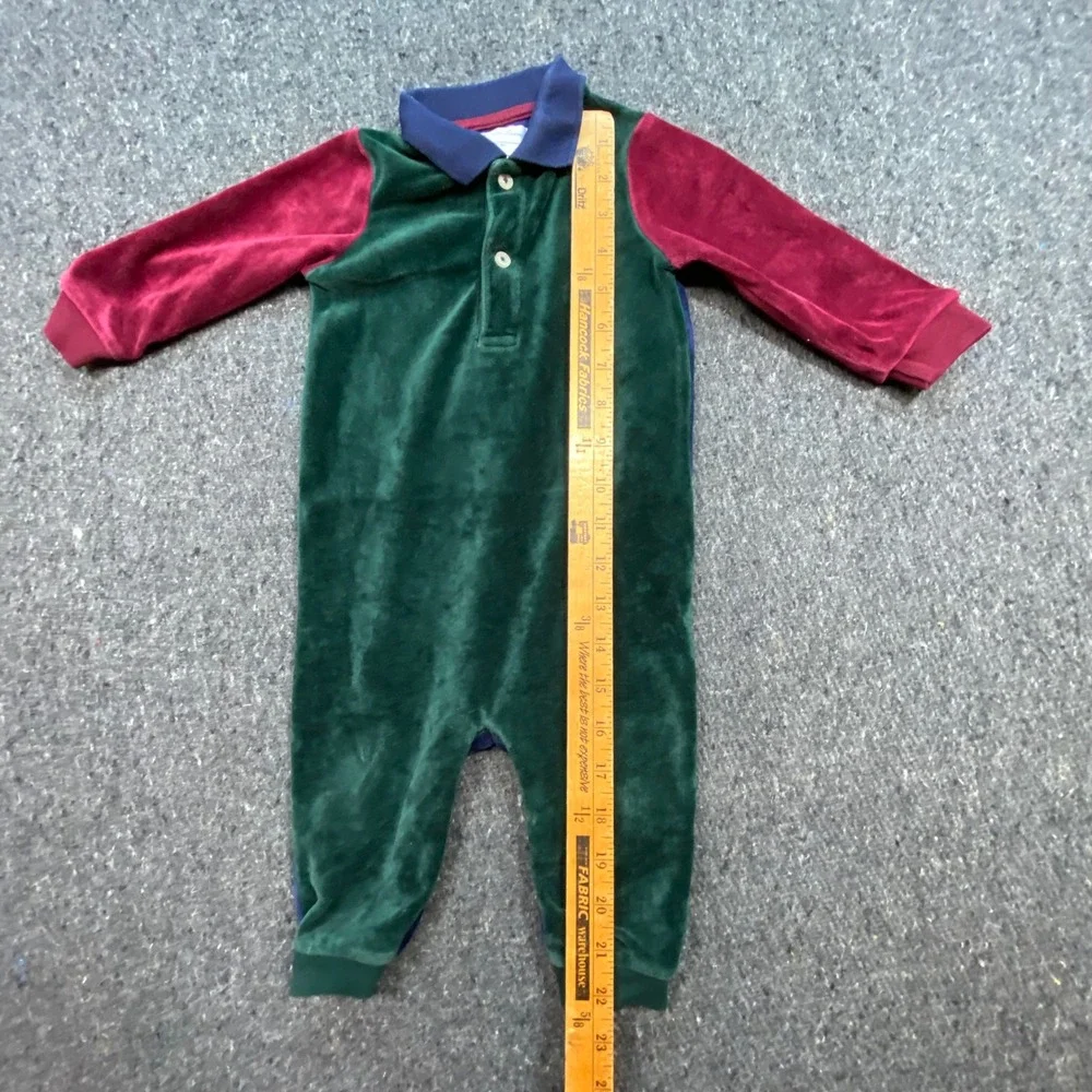 Ralph Lauren Velour Romper Sz 9M Baby Boy Green Red Blue Preppy One Piece Polo